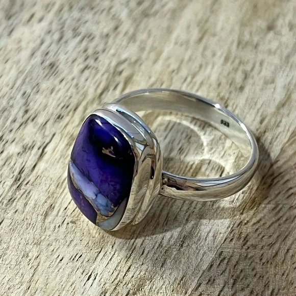 SOLID 925 SILVER PURPLE DAHLIA COPPER SPINY TURQUOISE GEMSTONE RING SIZE 8.25 - Picture 4 of 9